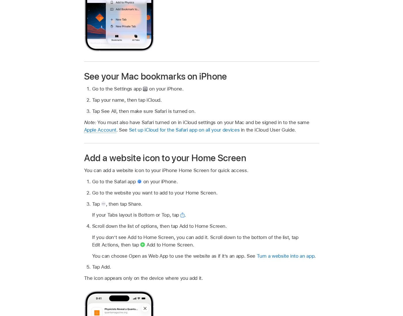 Apple support page showing Add a website icon to your Home Screen steps