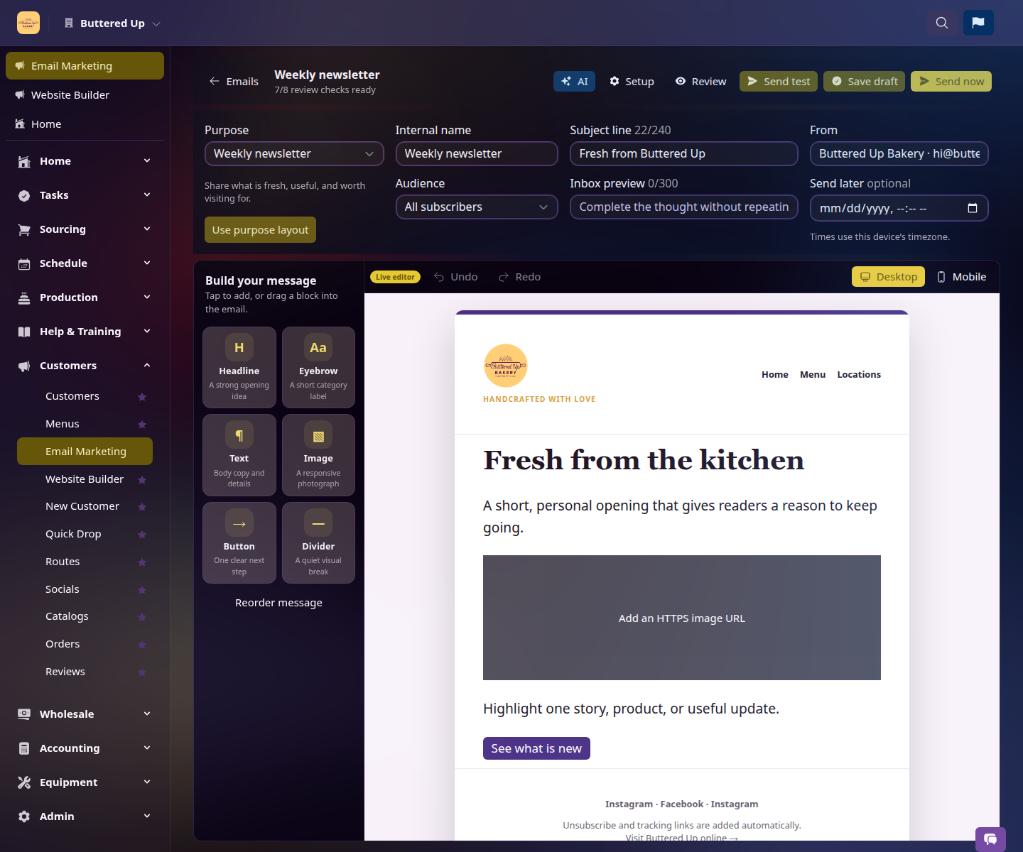 Farin email campaign builder showing a newsletter preview and send review