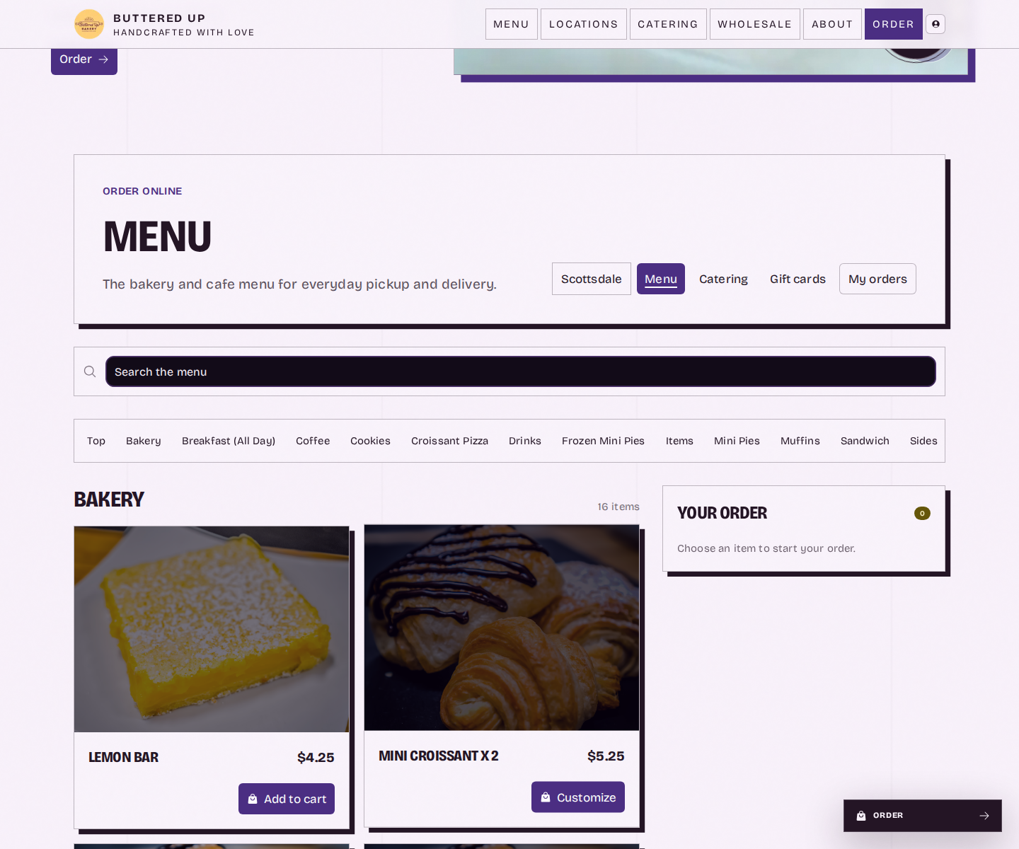 Buttered Up online ordering menu with bakery products and categories