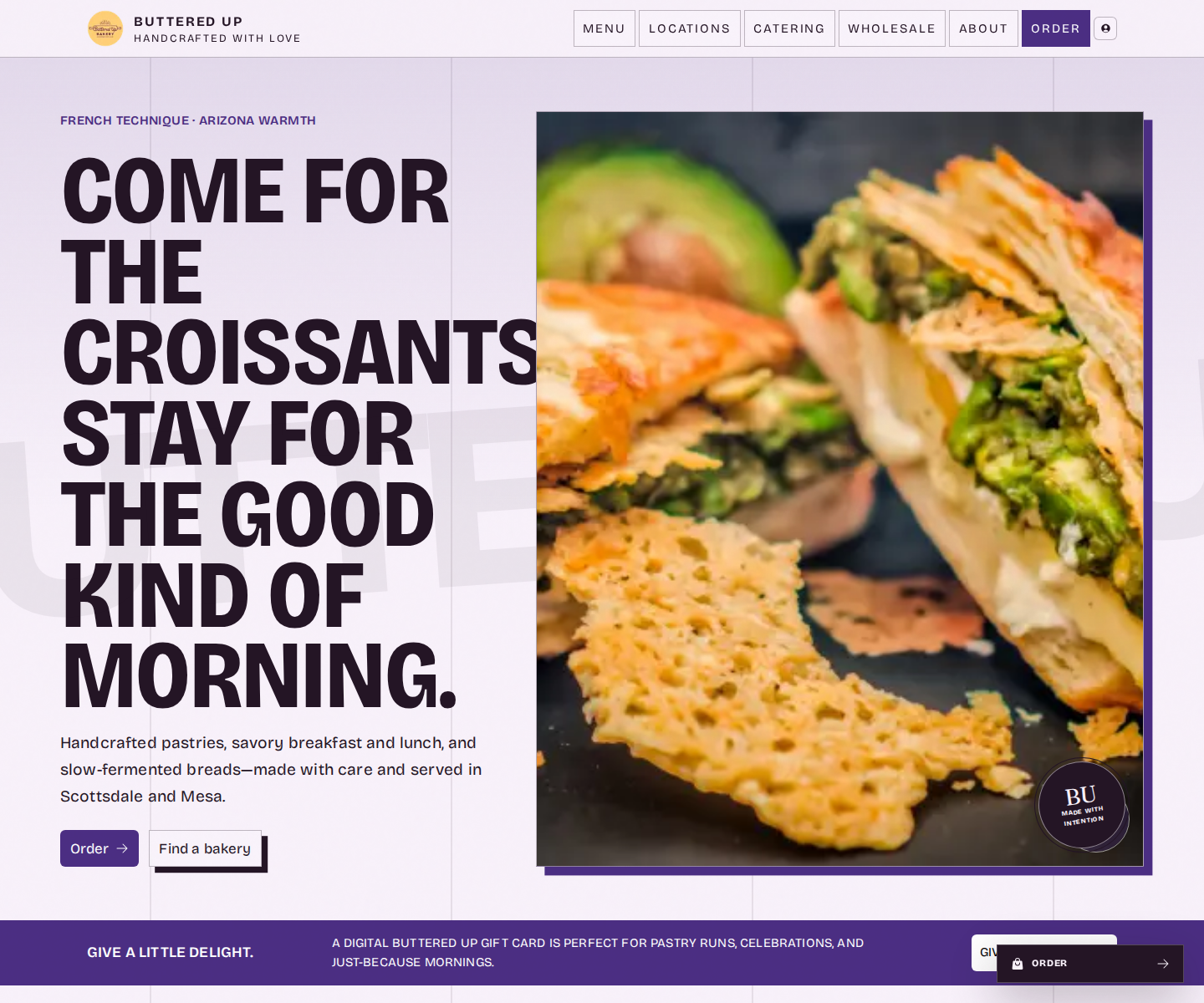 Buttered Up bakery public website with products, hours, and order buttons