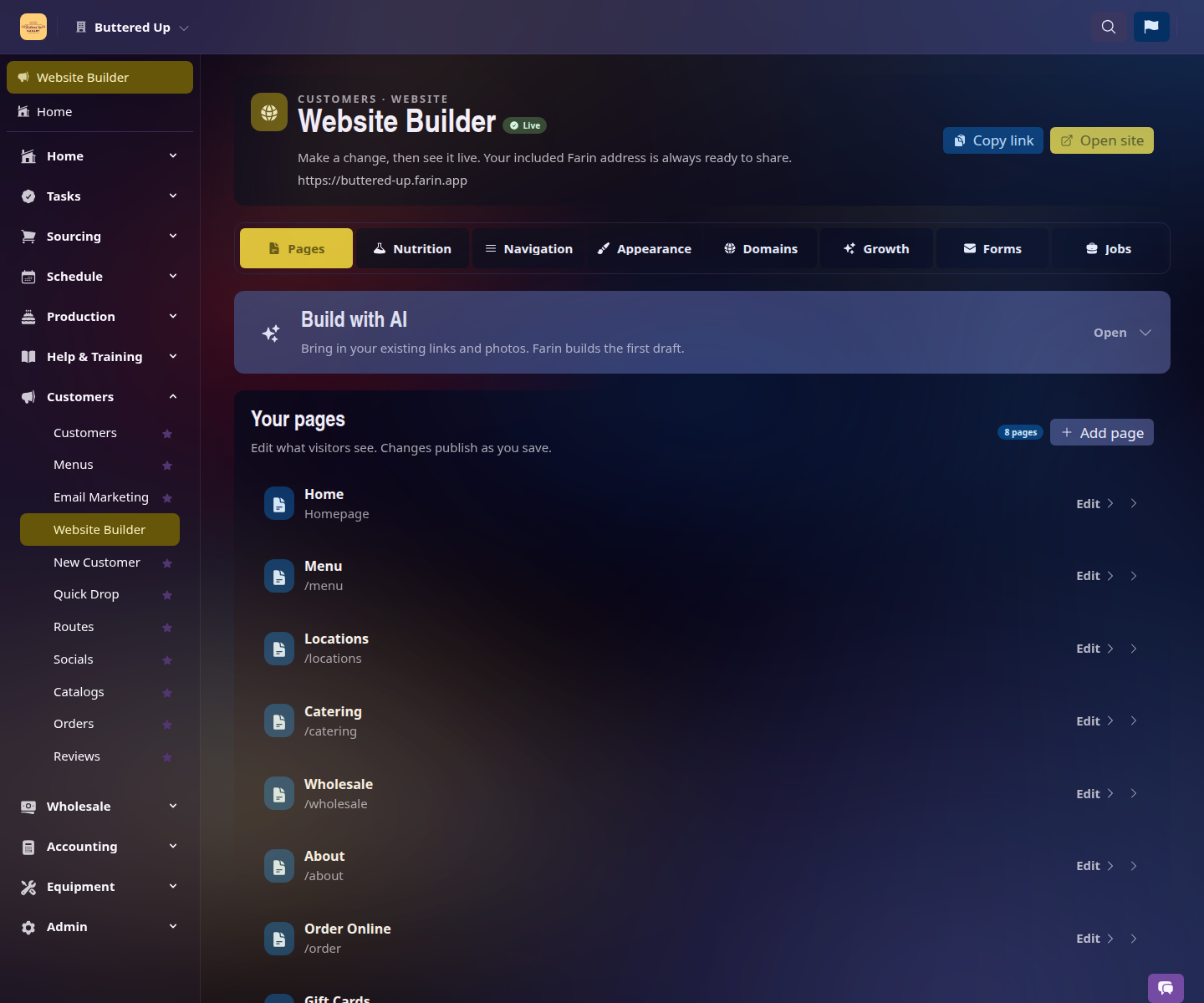 Farin website builder showing the pages a bakery can publish